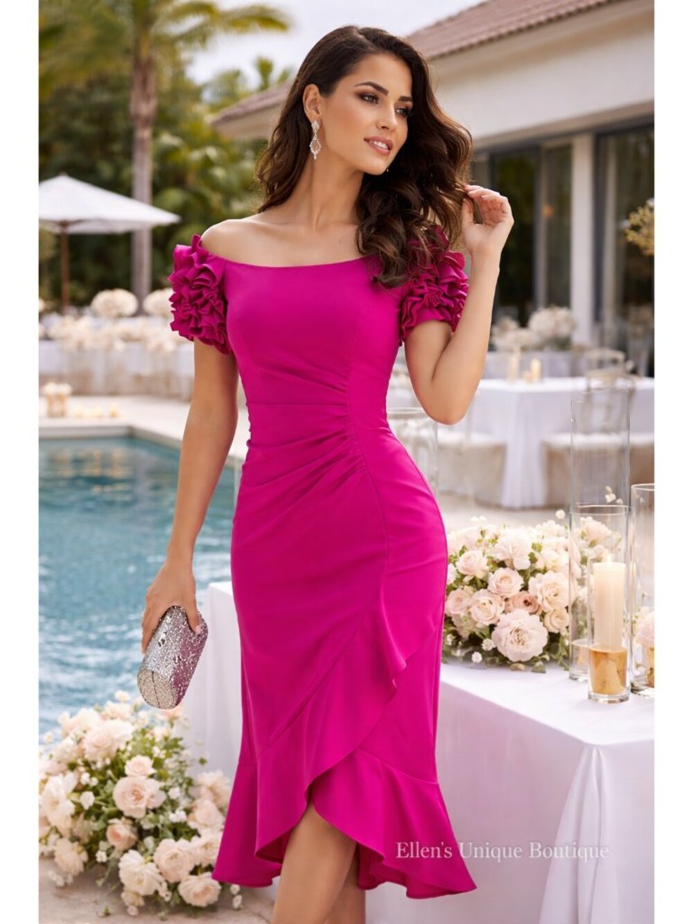 Xscape Ruffled Off-The-Shoulder Scuba Crepe Midi Dress Size 4 New With Tags - Picture 11 of 16